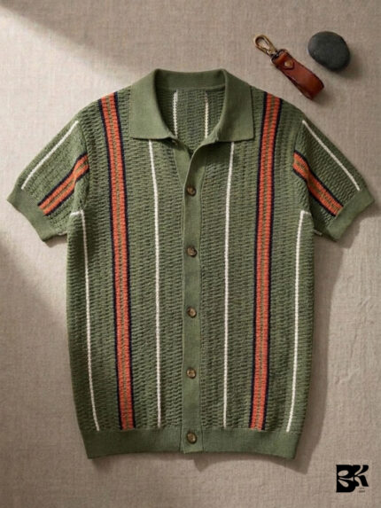 Retro Olive Striped Knit Button-Down Polo